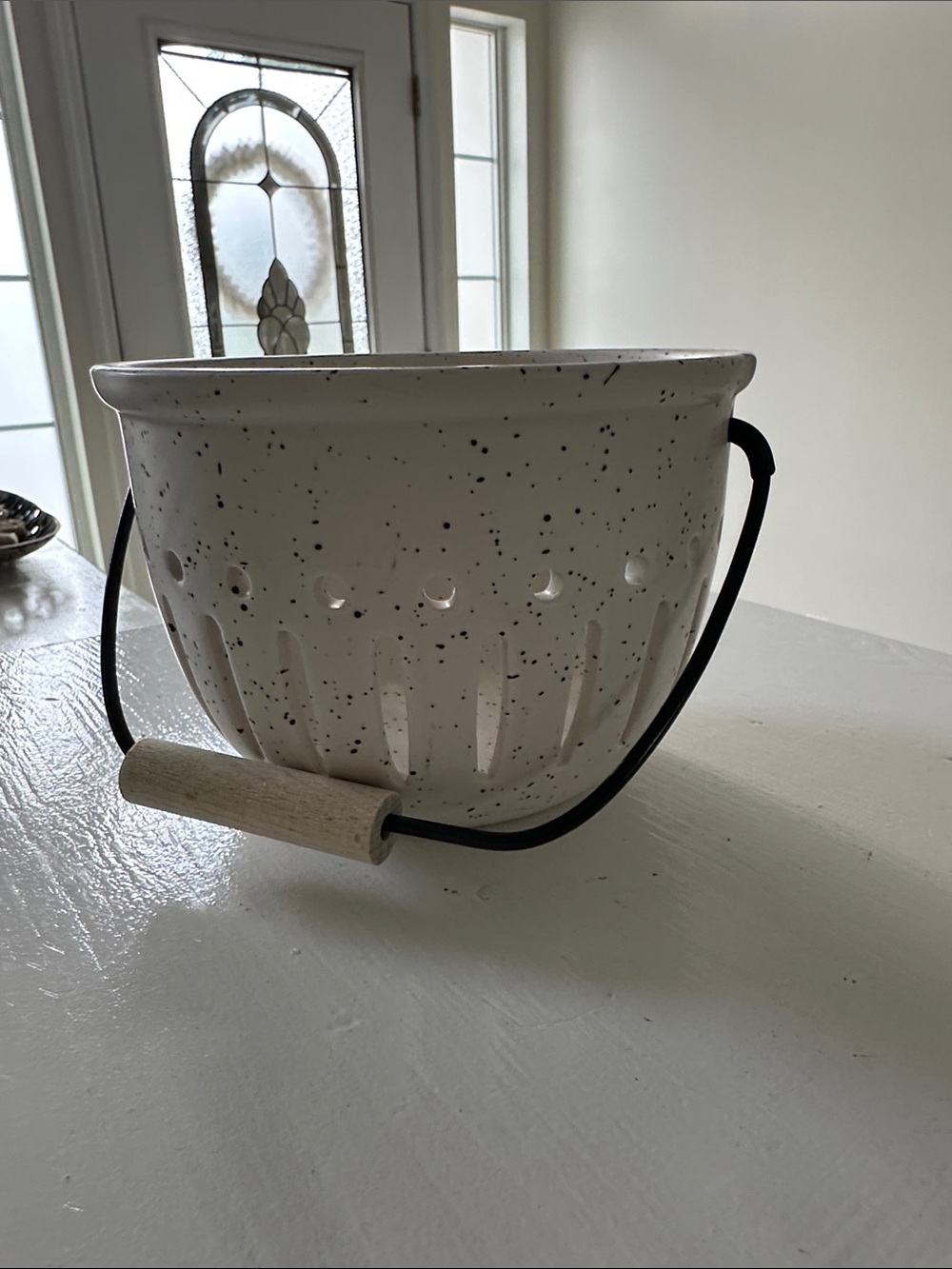 Speckled Ceramic Colander Bowl w/ wooden Handle -